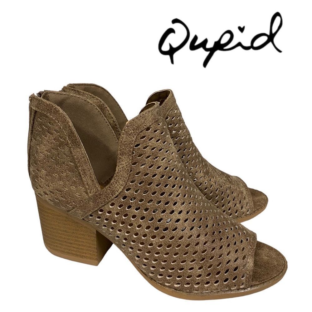 Qupid Taupe Suede Perforated Peep-Toe Block Heel Booties